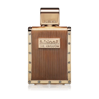 Frasco de perfume metálico dourado com rótulo THE KINGDOM