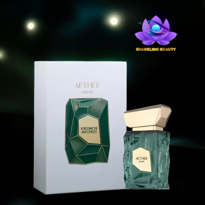 Frasco de perfume AETHER extrait com caixa branca e padrão geométrico verde