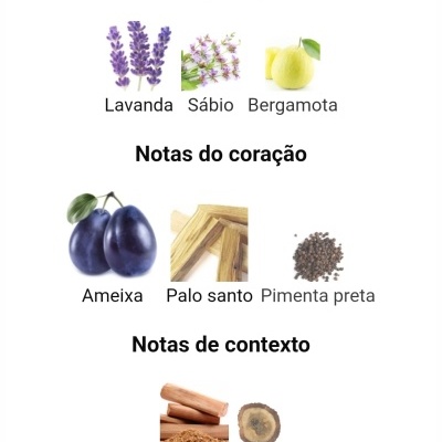 descricao das notas de fragrância lavanda, sálvio, bergamota, ameixa, palo santo, pimenta preta, sândalo e oud