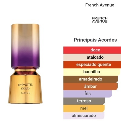 Frasco de perfume Hypnotic Gold com tampa dourada e roxa e lista de fragrâncias em português.