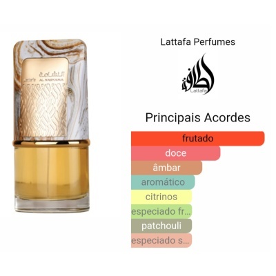 Frasco de perfume Lattafa com tampa marmoreada e principais acordes listados