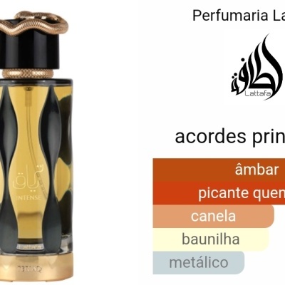 Frasco de perfume Lattafa com detalhes preto e dourado e lista de acordes principais