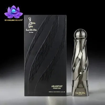 Frasco e caixa de perfume ARABIYAT PRESTIGE La-Di-Da for him preto e prateado