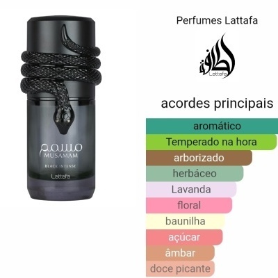 Frasco de perfume preto com serpente decorativa e lista de acordes aromáticos em português