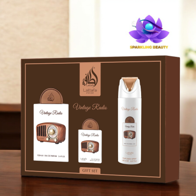 Conjunto de presente Lattafa Pride Vintage Radio com frascos e spray perfumado