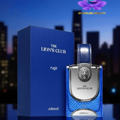 Frasco de perfume azul com detalhes metálicos e caixa azul com texto