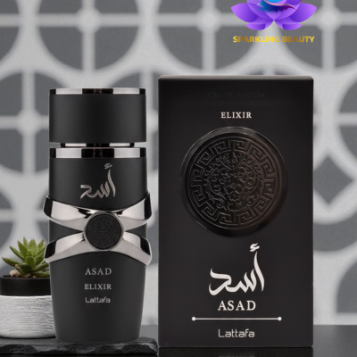 Frasco e caixa de perfume ASAD ELIXIR Lattafa preto com detalhes metálicos prateados