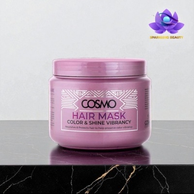 Máscara capilar COSMO rosa para brilho e cor vibrante em embalagem com tampa