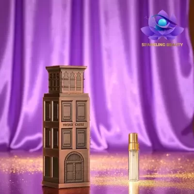 Miniatura de casa de chocolate e ampola de vidro em fundo roxo