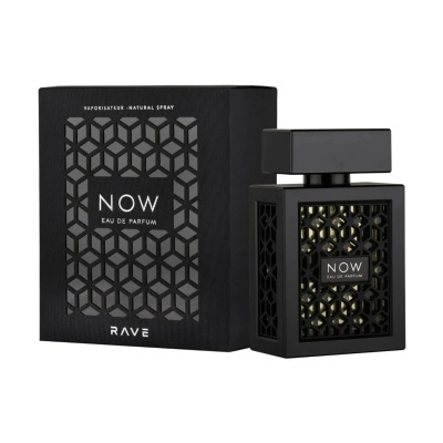 Frasco de perfume preto com padrão geométrico e embalagem correspondente