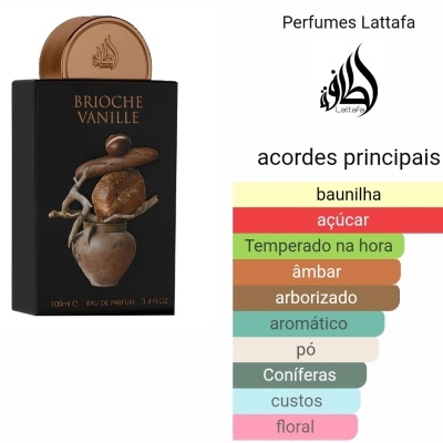 Frasco de perfume Brioche Vanille com design preto e castanho, texto em português e lista de aromas.