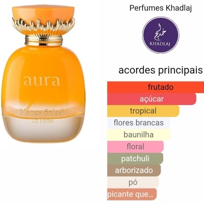 Frasco de perfume laranja com tampa dourada e texto em relevo, gráfico de acordes principais ao lado.