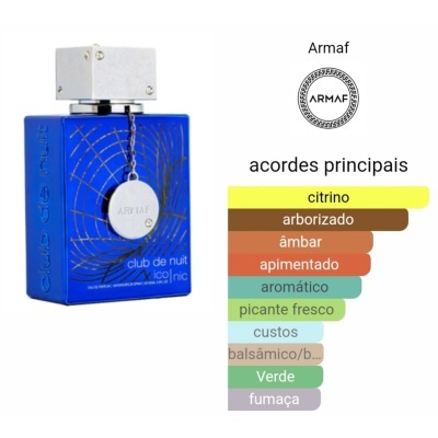 Frasco de perfume azul Armaf Club de Nuit Cologne com detalhes prateados e gráfico de acordes principais