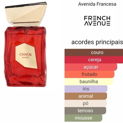 Frasco vermelho de perfume Chaos extrait ao lado de gráfico de acordes principais