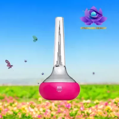 Frasco de vidro rosa e transparente com prédio e borboletas no campo