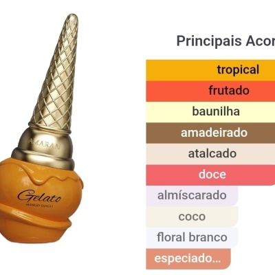 Frasco decorativo gelado com texto Gelato Mango Tango e gráfico de acordes fragrância