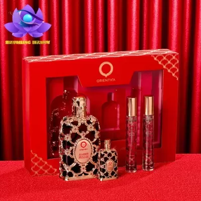 Conjunto de perfume Oriental Amber Rouge com frascos decorados e caixa vermelha