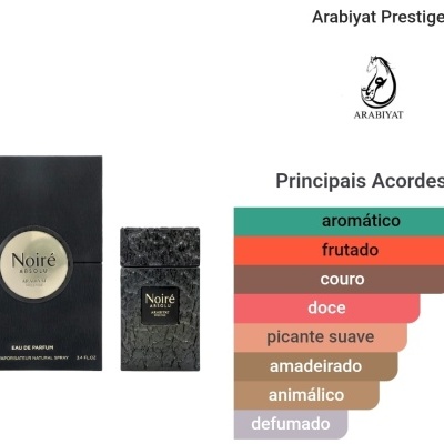 Perfume Noire Absolu Arabiyat Prestige embalagem e frasco pretos texturizados com texto de acordes aromáticos