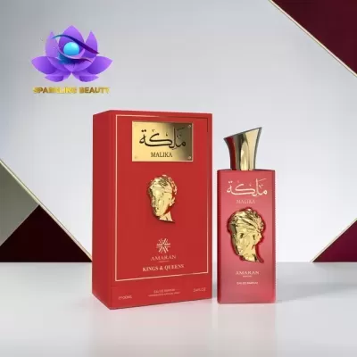 Perfume Malika Amaran em embalagem vermelha com detalhes dourados