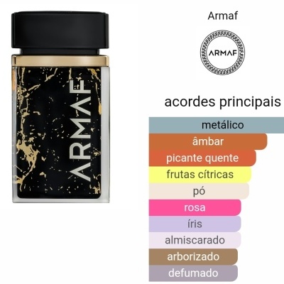 Frasco preto de perfume Armaf com detalhes dourados e lista de acordes principais ao lado