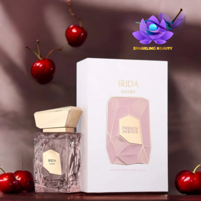 Frasco de perfume rosa IRIDA extrait com caixa branca e cerejas vermelhas.