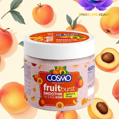 Frasco de creme esfoliante COSMO fruitburst com imagem de pêssegos