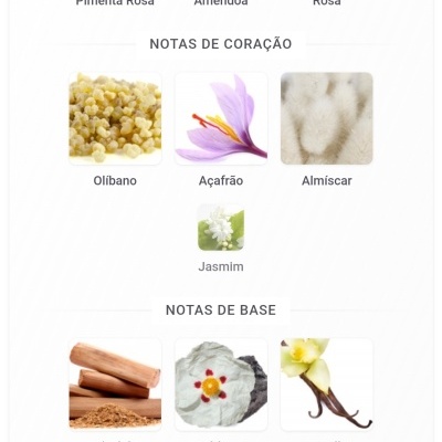 Notas olfativas de topo, coração e base com imagens de ingredientes naturais.