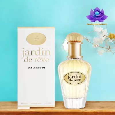 perfume jardin de rêve com frasco de vidro e caixa branca