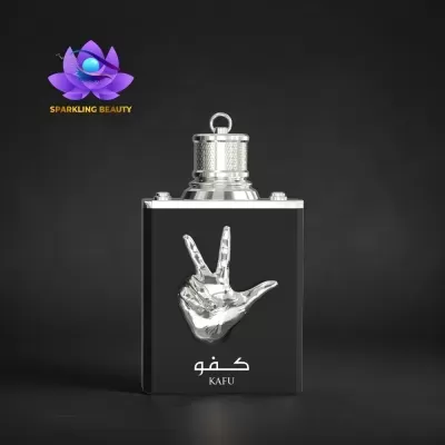 Frasco de perfume preto com tampa prateada e design de mão em relevo