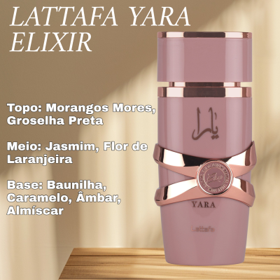 Frasco rosa de perfume Lattafa Yara Elixir com detalhes dourados
