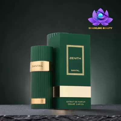 Perfume Zenith Santal em frasco e embalagem verdes com detalhes dourados