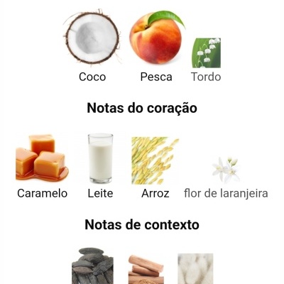 Notas aromáticas de um produto com imagens de ingredientes naturais em três categorias principais, coração e contexto.