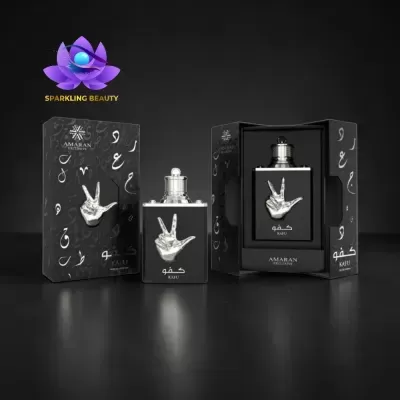 Frasco de perfume preto com tampa prateada e caixa elegante preta com padrão árabe.