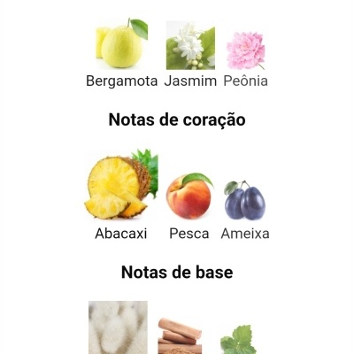 Notas de topo: Bergamota, Jasmim, Peónia; Notas de coração: Abacaxi, Pêssego, Ameixa; Notas de base: Almíscar, Sândalo, Patchuli