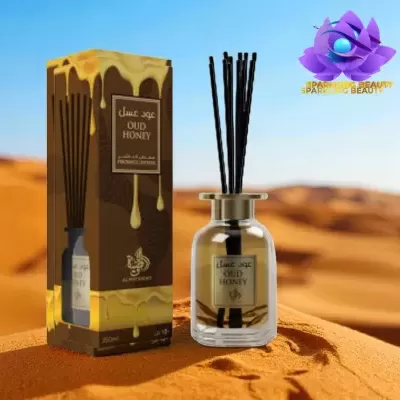 Difusor de aroma Oud Honey com frasco e embalagem castanha com design de mel