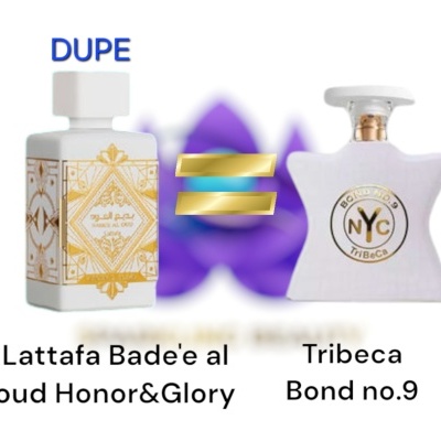 Dois frascos de perfume brancos com textos Lattafa Bade'e al oud Honor&Glory e NYC Tribeca Bond no.9 com símbolo de igualdade entre eles.