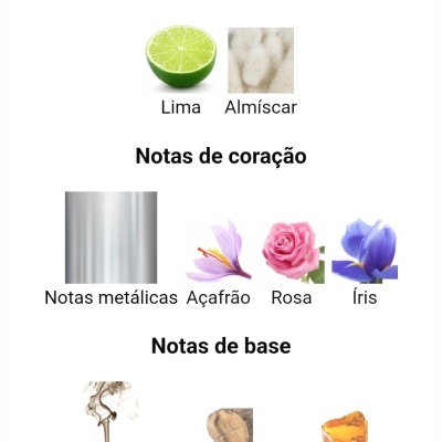 Notas olfativas organizadas por topo, coração e base com imagens representativas