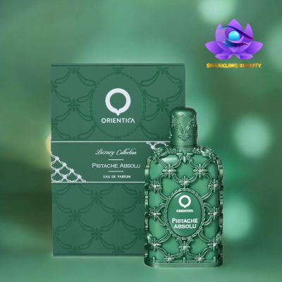 Perfume ORIENTICA Pistache Absolu com frasco e caixa verde ornamentados