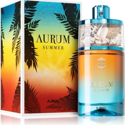Frasco e caixa de perfume Aurum Summer da Ajmal com design colorido degradê