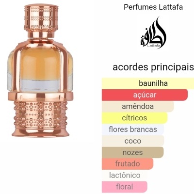 Frasco de perfume vidro e cobre com texto 'Perfumes Lattafa' e acordes principais ao lado
