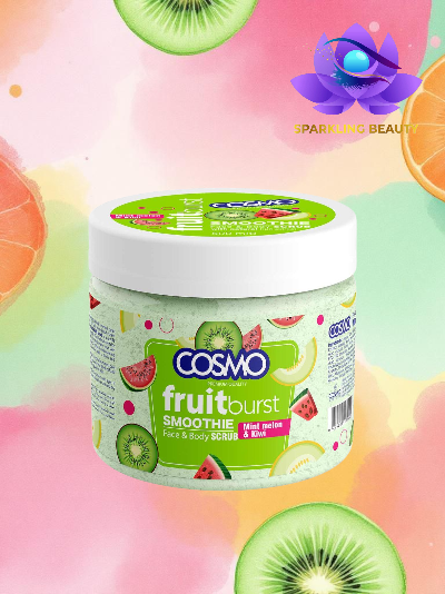 Frasco com esfoliante corporal e facial COSMO fruit burst sabor melão e kiwi