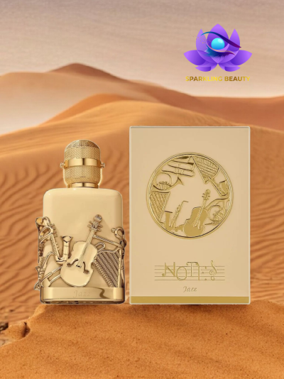 Frasco de perfume creme e dourado com instrumentos musicais em relevo e caixa com texto No Limits Jazz