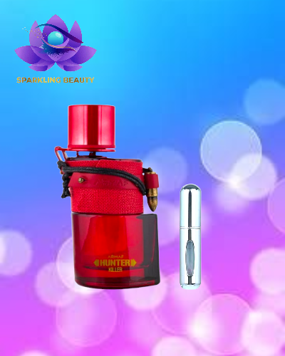 Frasco de perfume vermelho com tampa e fita vermelha, atomizador prateado e fundo colorido