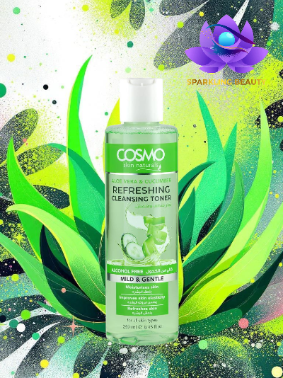 Frasco de tónico de limpeza refrescante COSMO em fundo com folhas coloridas.