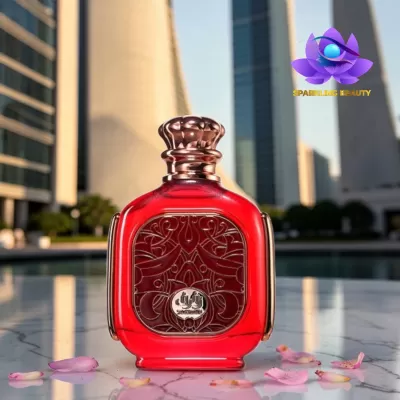 Garrafas de perfume vermelho com tampa dourada e pétalas cor-de-rosa em superfície de mármore.