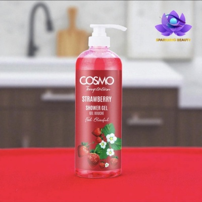 Frasco de gel de duche COSMO Strawberry com tampa de doseador em cozinha