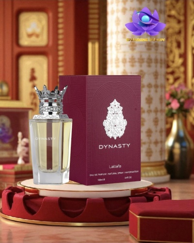 Frasco de perfume Dynasty com tampa coroa e caixa bordeaux