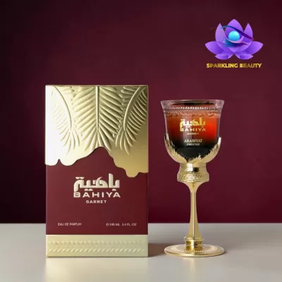 Perfume Bahiya Garnet Arabiyat Prestige com caixa bordeaux e detalhes dourados