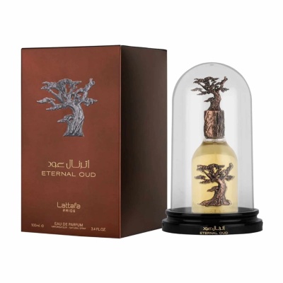 Frasco de perfume ETERNAL OUD com caixa castanha e árvore decorativa