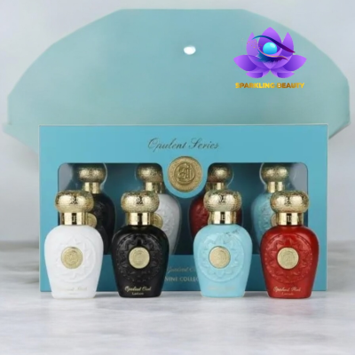 Conjunto de frascos de perfume coloridos e caixa azul com janela